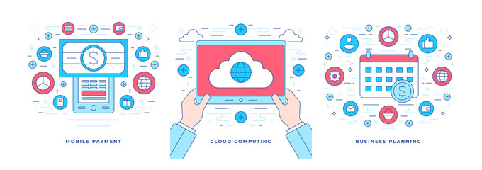 Set of vector illustrations flat line banners with colorful graphic icons for digital solutions and successful business