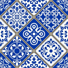 Vintage seamless pattern in Portugal style. Azulejo. Seamless patchwork tile in blue and white colors. Endless pattern can be used for ceramic tile, wallpaper, linoleum, textile, web page background