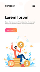 Happy businessman earning money flat vector illustration. Cartoon millionaire or banker holding huge coin. Finance growth and market concept