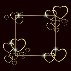 Valentine's Day Greeting Card. A frame framed by golden hearts with shimmering highlights. Golden flickering hearts with highlights on a dark background.