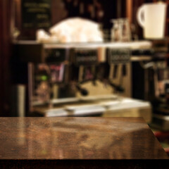 Dark desk of free space and cafe interior 