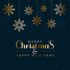 Fototapeta na wymiar Winter holiday postcard. Christmas party blue poster with gold snowflakes