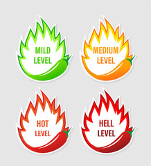Spicy level sticker on white background. Vector illustration design. Burning hot.