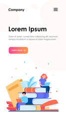 Focused people studying in online school flat vector illustration. Young tiny boy and girl sitting with laptops on big stack of books. Distance education and knowledge concept