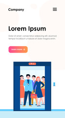 Different people lifting on elevator. Open door of office lifts with workers waiting moving inside cabin. Vector illustration for office hall, end of business, transportation concept