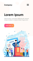 Election and political campaign. Politician speaker, candidate, voting citizens, ballot paper. Flat vector illustration for democracy, society, referendum concepts