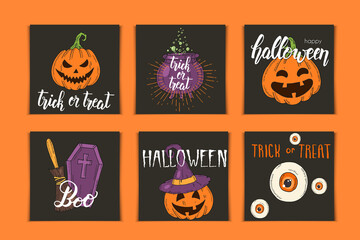 Halloween set of invitation cards with hand drawn icons and lettering. Pumpkin Jack, witch hat, broom, hat, sweets, candy roots, coffin, pot with potion in sketch style.