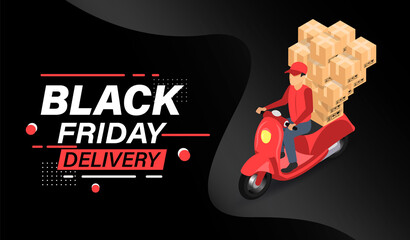 Black friday online shopping delivery express by scooter with illustration. isometric flat design.