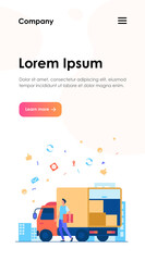 Courier with truck delivering order. Man carrying box from shipping lorry with other packages. Vector illustration for delivery service, transport, logistics concept