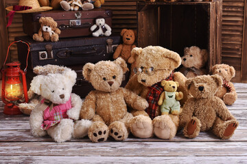 vintage teddy bear family sitting on the floor