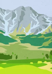 Fotobehang abstract minimalism landscapes illustration with mountains. flat simple illustration. paper texture © Анастасия Ярошева