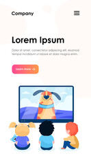 Children watching TV flat vector illustration. Kids sitting near television screen and watching cartoon film or movie. Technology and entertainment concept