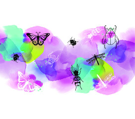 Insect silhouette on watercolor background