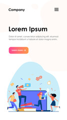 Angry boss with megaphone shouting at employees for missing deadline. Office workers running in chaos, panic and hurry. Vector illustration for overwork, project failure, stress at workplace topics