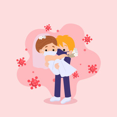 Wedding couple feel scared because of corona virus pandemic. Man and woman in wedding attire and mask surrounded by virus. New normal illustration. Flat vector design.