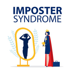 Imposter syndrome.business woman get award standing with mirror and seeing themselves as shadow behind. Anxiety and lack of self confidence at work, vector illustration.