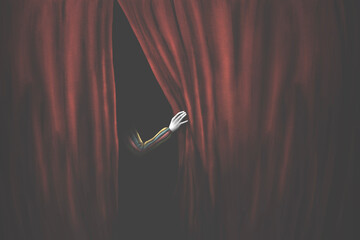 illustration of mysterious circus clown behind red curtains ready for funny performance, surreal concept © fran_kie