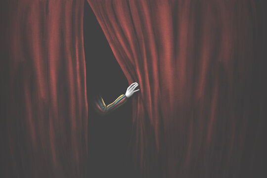 illustration of mysterious circus clown behind red curtains ready for funny performance, surreal concept