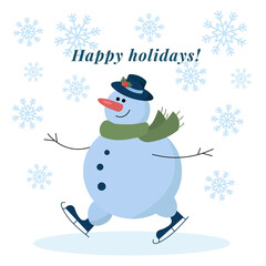 Vector illustration of a skating snowman in a hat and scarf in the snowfall celebrating winter holidays. 