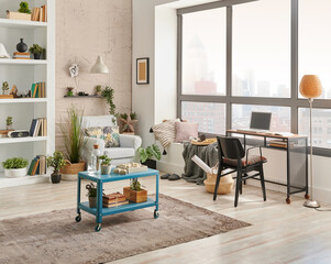 Modern living room corner interior style, working table and laptop.