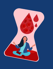 Woman meditates in the hourglass, and drops of blood with erythrocytes fall from above.World day against Leukemia. Acceptance cancer and control of disease.Hemophilia or Leukosis illustration.