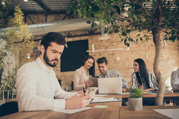 Nice confident skilled people guy analysing finance growth result committee recruitment at modern...