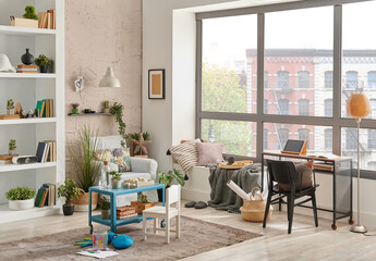 Modern decorative living room corner and city view, child object interior style. Work table and laptop.
