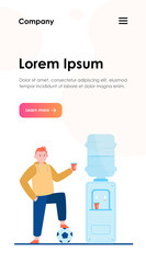 Football player drinking water at cooler. Male athlete, soccer, sportsman flat vector illustration. Beverage, refreshment, watercooler concept for banner, website design or landing web page