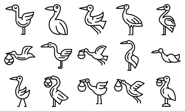 Stork icons set. Outline set of stork vector icons for web design isolated on white background