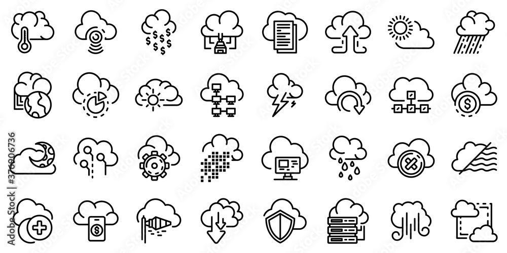 Poster cloud icons set. outline set of cloud vector icons for web design isolated on white background