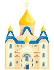 Orthodox church with four domes. Object of architecture in cartoon style.