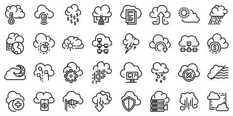 Cloud icons set. Outline set of cloud vector icons for web design isolated on white background
