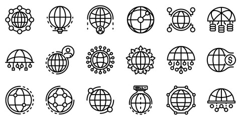 Global network icons set. Outline set of global network vector icons for web design isolated on white background