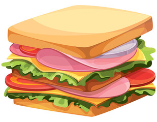 Big square sandwich. Fast food in cartoon style.