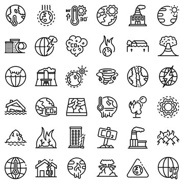 Global warming icons set. Outline set of global warming vector icons for web design isolated on white background