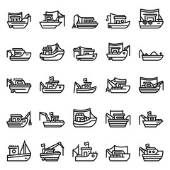 Fishing boat icons set. Outline set of fishing boat vector icons for web design isolated on white background