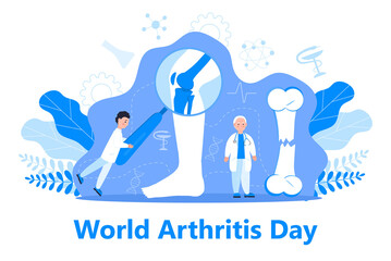 World arthritis day in October. Tiny doctors treat rheumatism, osteoarthritis. Healthcare flat concept vector on the blue background