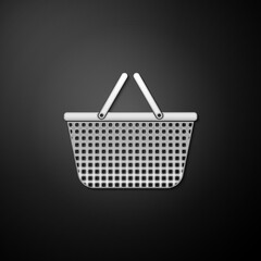 Fototapeta premium Silver Shopping basket icon isolated on black background. Online buying concept. Delivery service sign. Shopping cart symbol. Long shadow style. Vector.