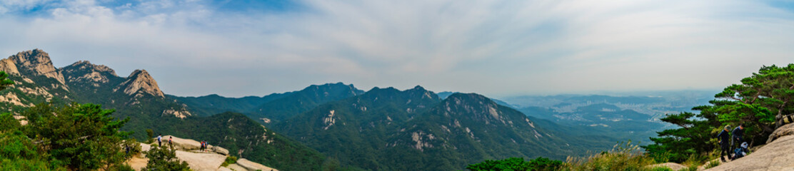 Naklejka premium Panoramic view of Bukhansan National Park in Seoul, South Korea. From Wohyobong Peak. 