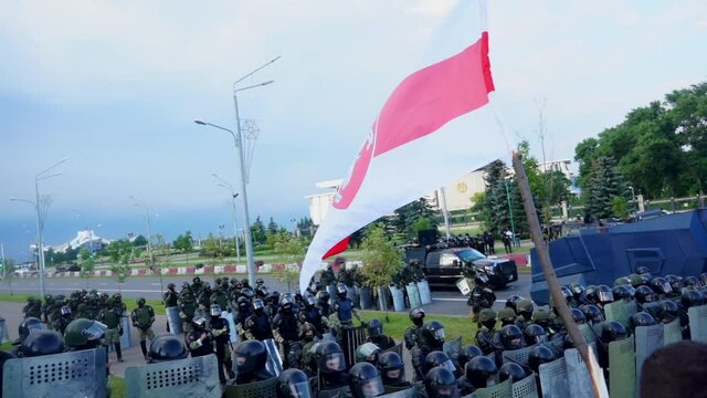Minsk, Belarus - August 16, 2020: Activists protesting in the city. Group of activists in a peaceful protest march in Minsk. Presidential elections in Belarus 2020.