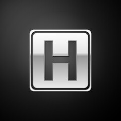 Fototapeta premium Silver Hospital sign icon isolated on black background. Long shadow style. Vector.