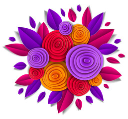 Autumn flowers and leaves beautiful design, vector illustration in paper cut style. Wedding invitation or fall seasonal romantic greeting card.