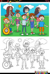 cartoon children characters group coloring book page