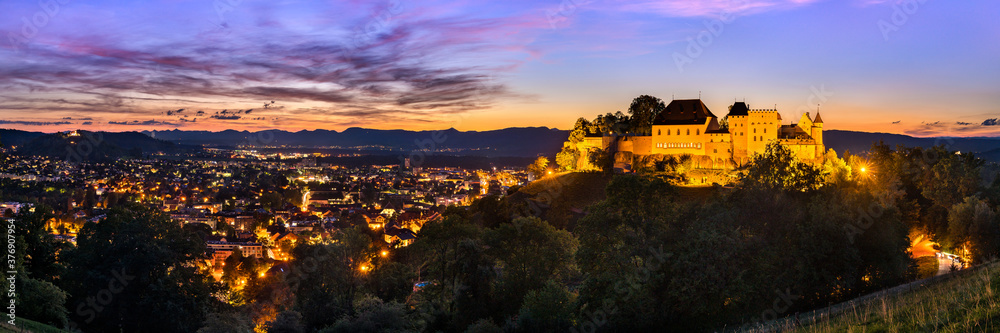 Sticker Lenzburg Castle in Aargau, Switzerland at sunset