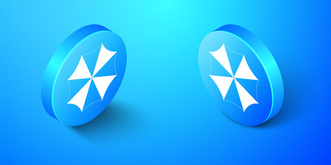 Isometric Sun protective umbrella fo beach icon isolated on blue background. Large parasol for outdoor space. Summer vacation or picnic accessory. Blue circle button. Vector.