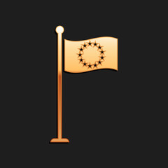 Gold Flag of European Union icon isolated on black background. EU circle symbol. Waving EU flag on a metallic pole. Long shadow style. Vector.