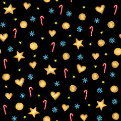 New year seamless patterns with cookies, candy, stars and snowflakes