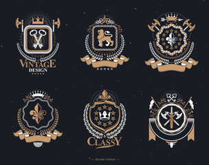 Vector vintage heraldic Coat of Arms designed in award style. Medieval towers, armory, royal crowns, stars and other graphic design elements collection.
