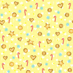 New year seamless patterns with cookies, candy, stars and snowflakes