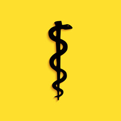 Black Rod of asclepius snake coiled up silhouette icon isolated on yellow background. Emblem for drugstore or medicine, pharmacy snake symbol. Long shadow style. Vector.